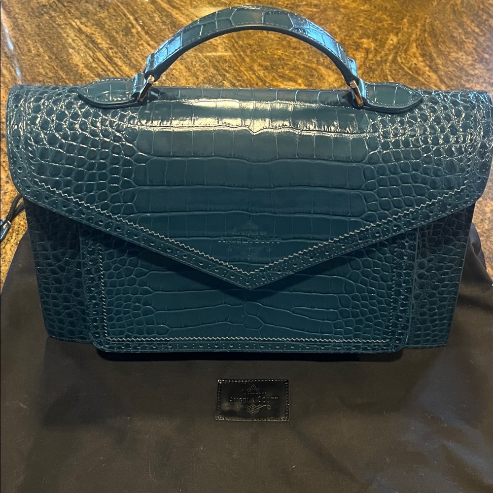 Teal Crocodile Embossed Leather Handbag